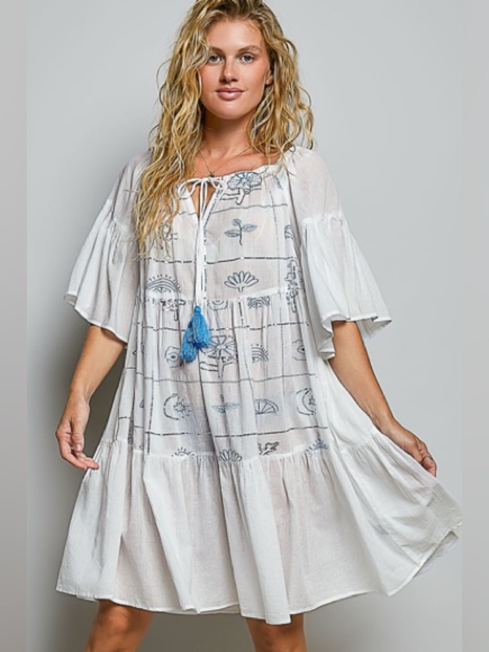 POL White Boho Embroidered Tunic Dress with Blue Tassels
